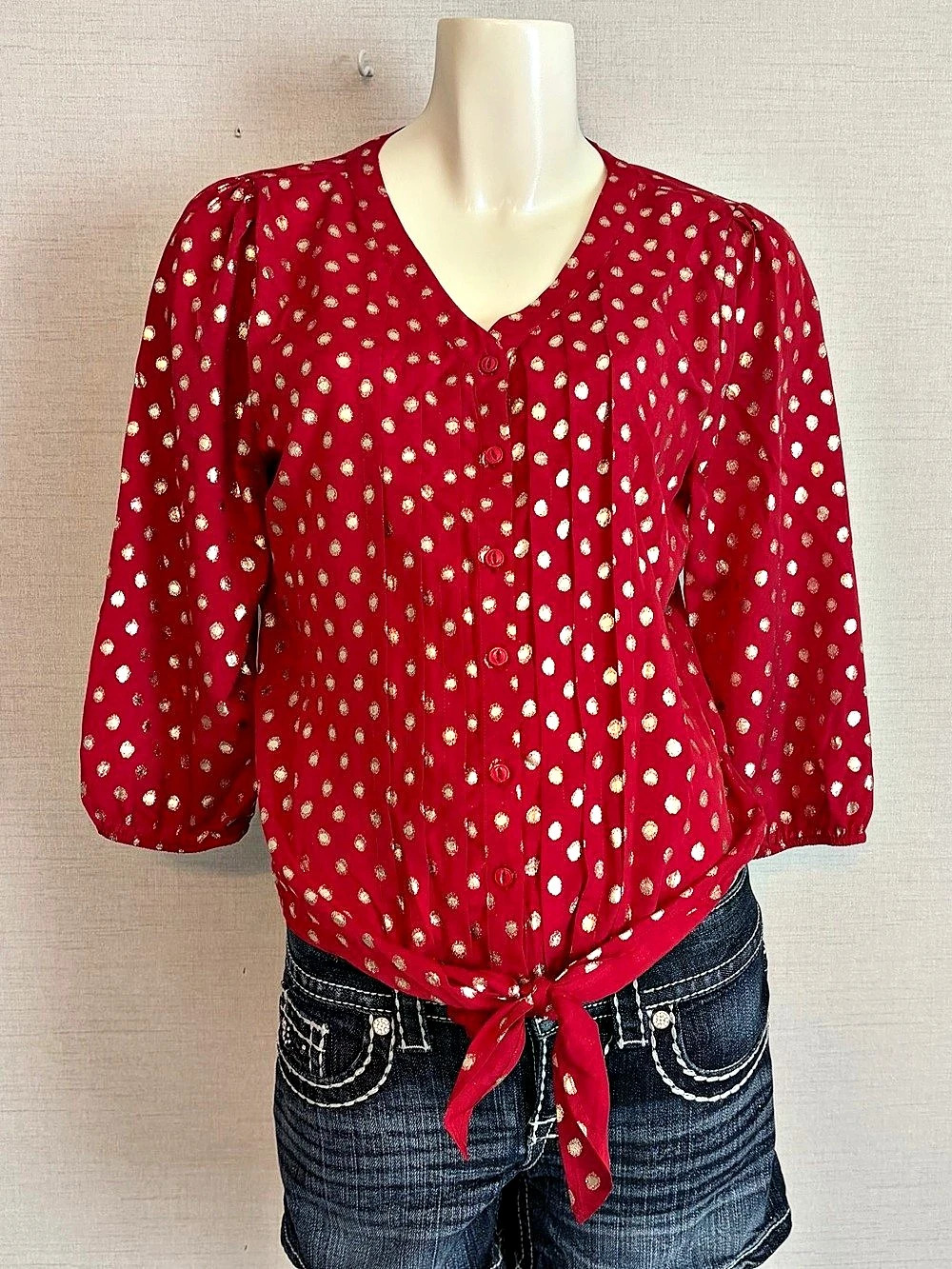 NWT Size Small Roz & Ali Polka Dot Tie-Front Blouse